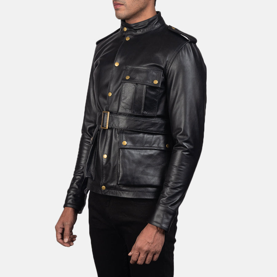 Men’s Black Semi-Aniline Cowhide Leather Jacket with Snap Button Closure
