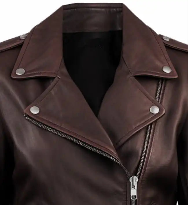 Women’s Dark Brown Sheepskin Leather Biker Jacket with Belted Waist