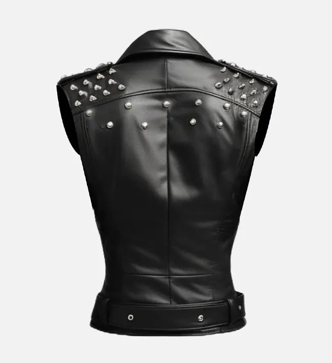 Women’s Black Sheepskin Leather Vest with Studded Accents & Angular Waist Belt