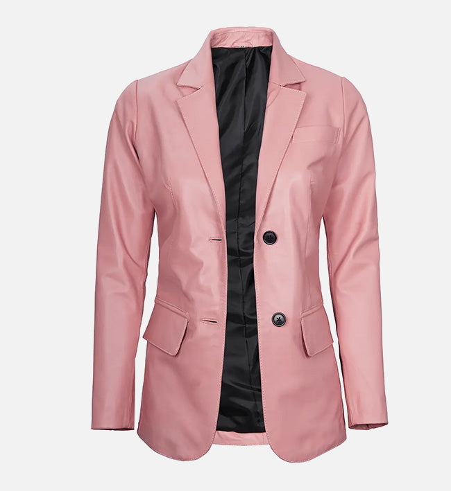 Women’s Pink Sheepskin Leather Blazer Jacket with Contrast Black Buttons