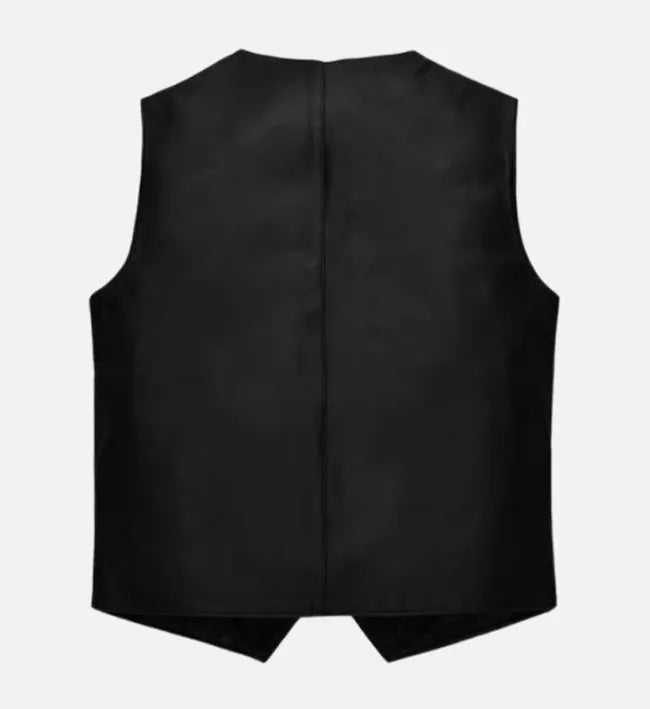 Men’s Black Sheepskin Leather Vest with V-Neckline & Brass Buttons