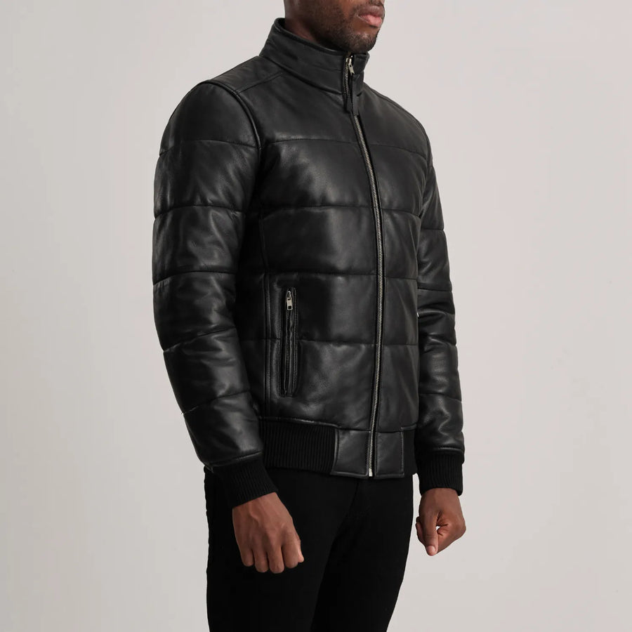 Men’s High-Neck Sheepskin Puffer Leather Jacket – Semi-Aniline Finish