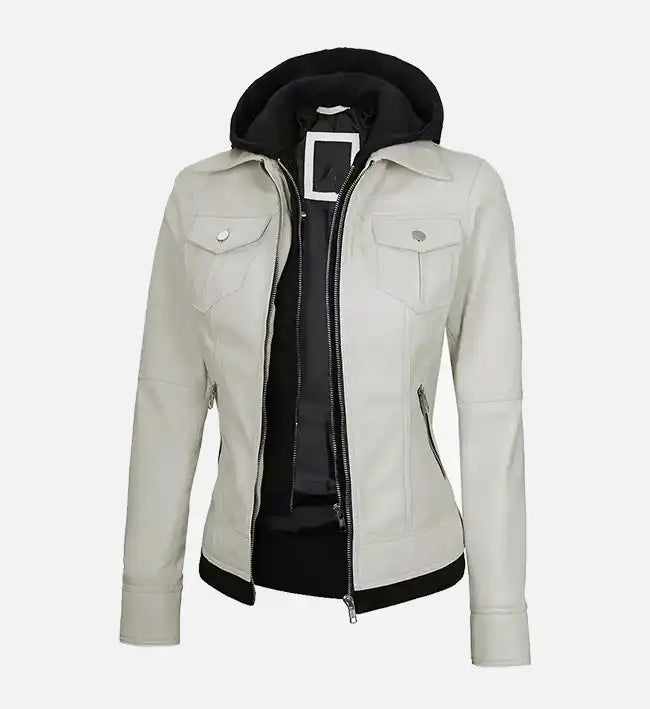 Women’s Sheepskin Leather Jacket – Off-White, Pink & Green with Removable Hood