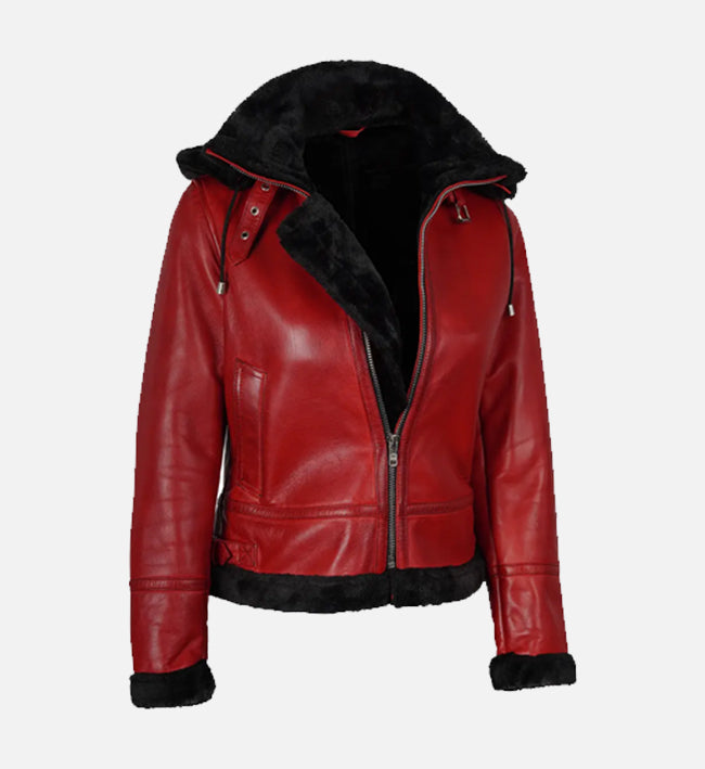 Women’s Red Shearling Hooded Leather Jacket with Belted Waist
