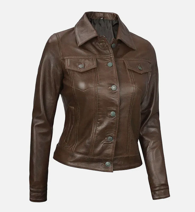 Women’s Sheepskin Leather Trucker Jacket – Multi-Color Options