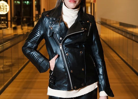 Women's Luxury Lambskin Leather Jacket - Meredith's Biker style jacket, Girls Slim Fit Cafe Racer Jacket