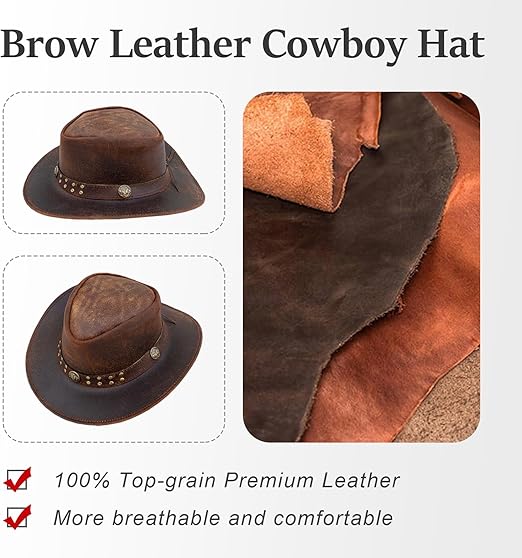 100% Real Leather Cowboy Hat | Handmade Western Style Unisex Leather Hat - Felt Studded Steampunk Hat