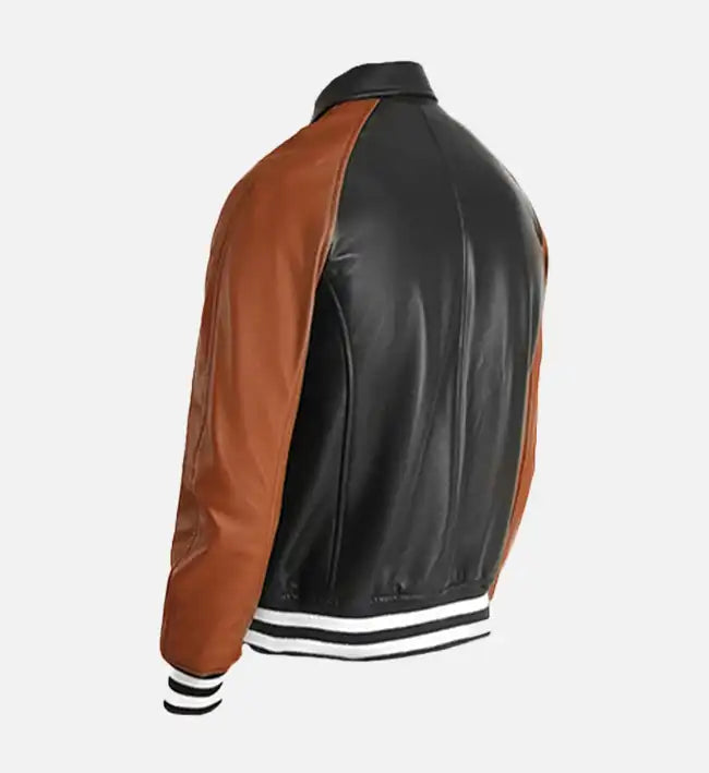 Men’s Sheepskin Leather Bomber Varsity Jacket – with Ribbed Hemline