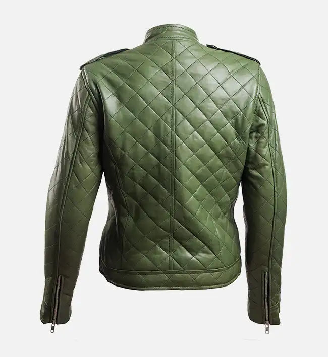 Women’s Green Sheepskin Leather Puffer Jacket – Quilted Classic Style