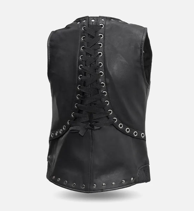 Women’s Black Sheepskin Leather Vest with Stud Accents & Lace-Up Back