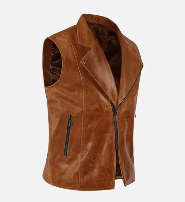 Men’s Brown Sheepskin Leather Vest with Asymmetrical Zipper – Vintage Minimalist Style