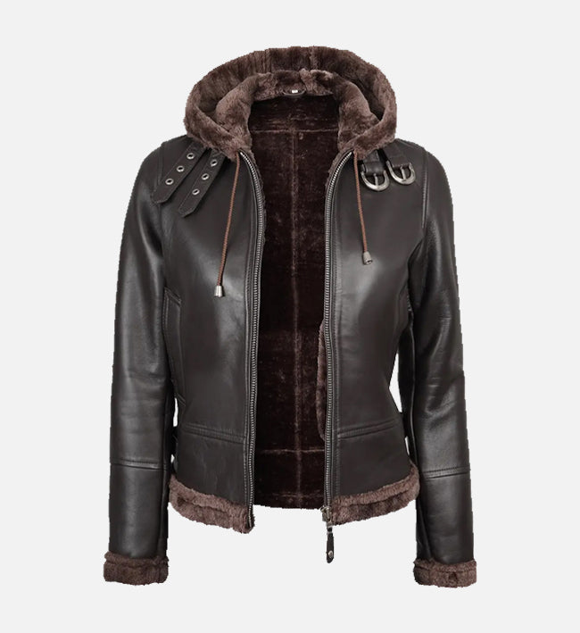 Women’s Dark Brown Shearling Hooded Sheepskin Leather Jacket