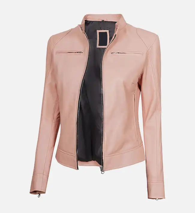 Women’s Light Pink Sheepskin Café Racer Leather Jacket with Snap-Tab Collar