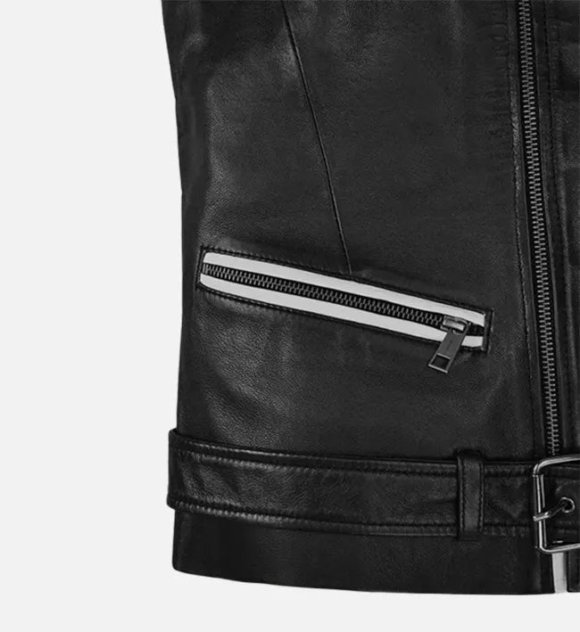 Men’s Black Sheepskin Leather Vest with Asymmetrical Zipper & Quilted Panels