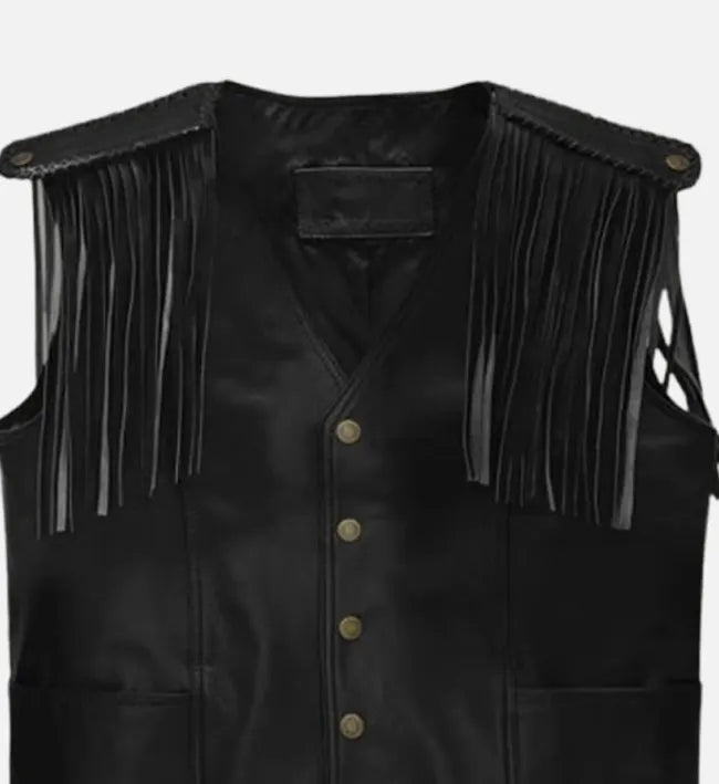 Men’s Black Sheepskin Leather Vest with Fringe & Snap-Tab Shoulders