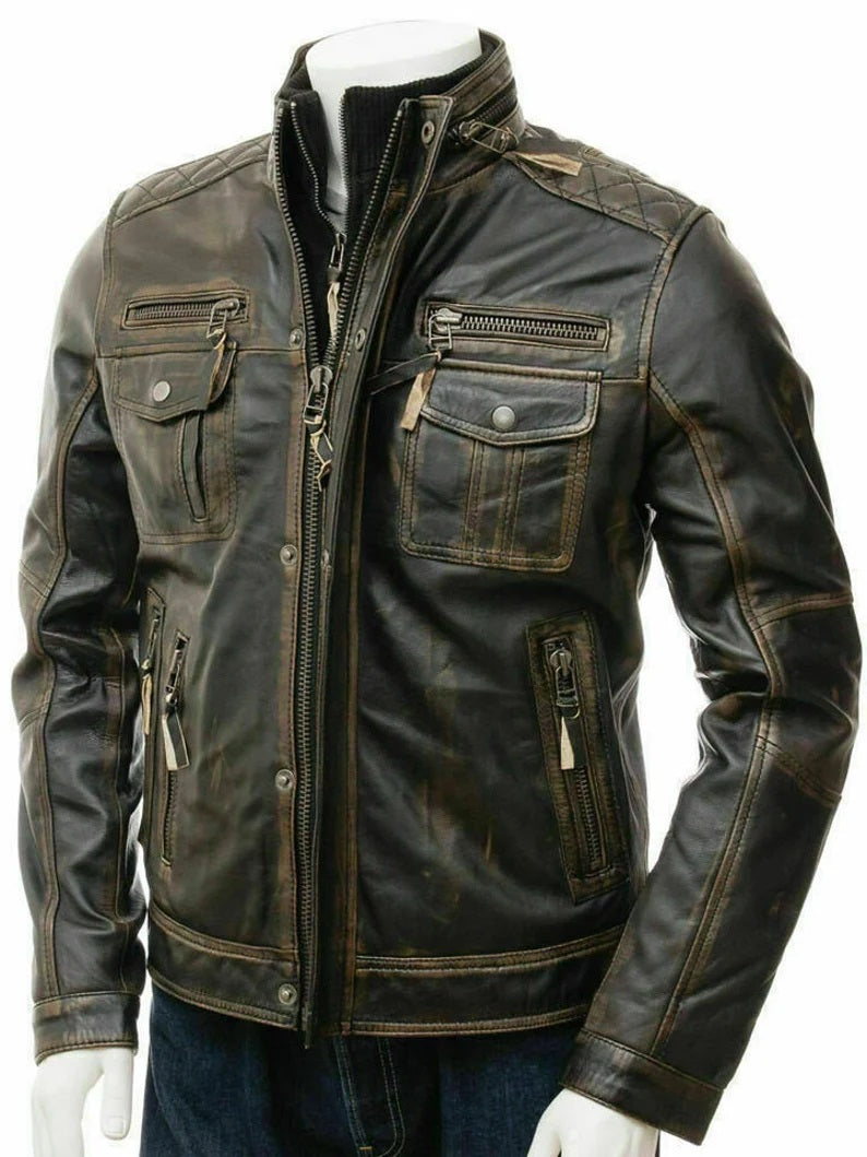 Distressed Leather Jacket Men - Genuine Leather Jacket Moto Biker Style for all occasions