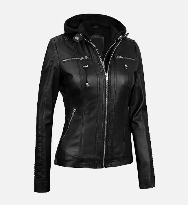 Women’s Sheepskin Leather Jacket – Black with Quilted Shoulders & Removable Hood
