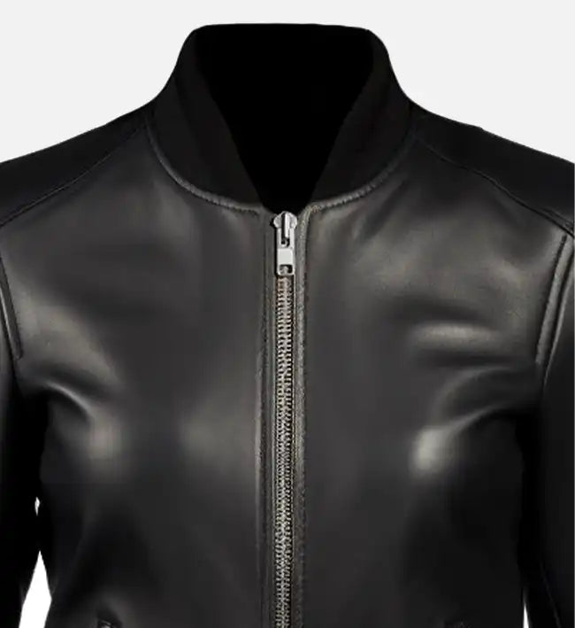 Women’s Black Sheepskin Leather Bomber Jacket – Ribbed Stand Collar