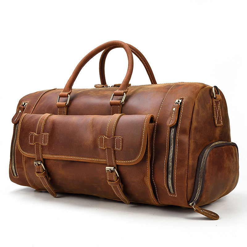 Genuine Crazy Horse Leather Duffle Bag with Shoe Compartment | Weekender Travel Bag