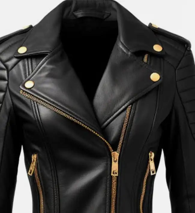 Women’s Black Sheepskin Leather Biker Jacket with Golden Hardware
