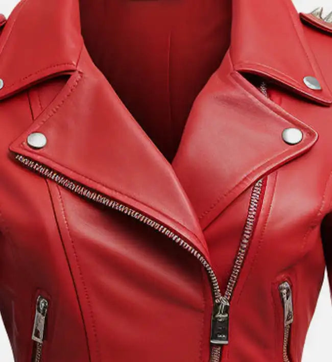 Women’s Red Sheepskin Asymmetrical Biker Leather Jacket with Stud Details