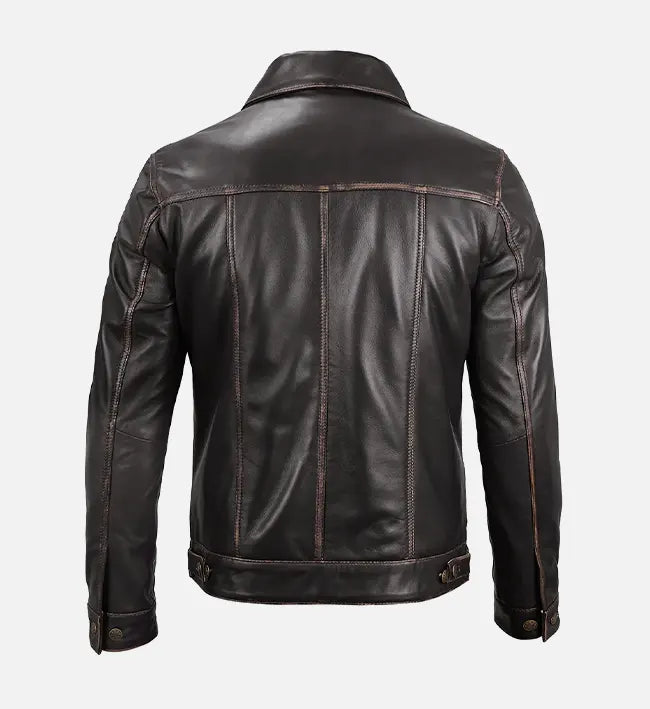 Men’s Sheepskin Leather Biker Jacket – Dark Brown with Shirt-Style Collar