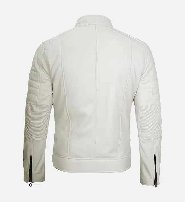 Men’s Sheepskin Leather Café Racer Jacket – White with Padded Shoulders and Black Zippers