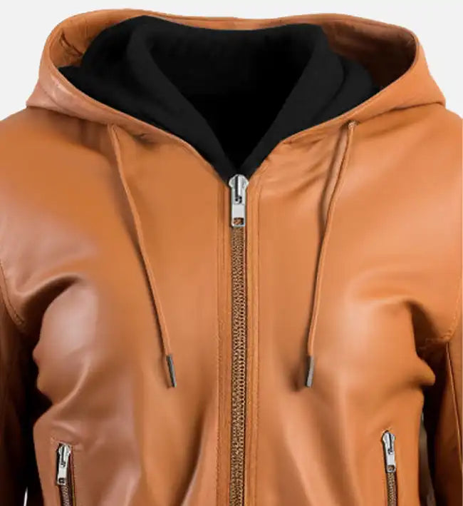 Women’s Sheepskin Leather Bomber Jacket – Brown with Hooded High-Neck Collar