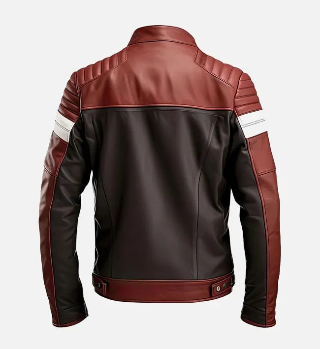 Men’s Sheepskin Leather Jacket – Maroon & Brown with Quilted Shoulders and White Stripes