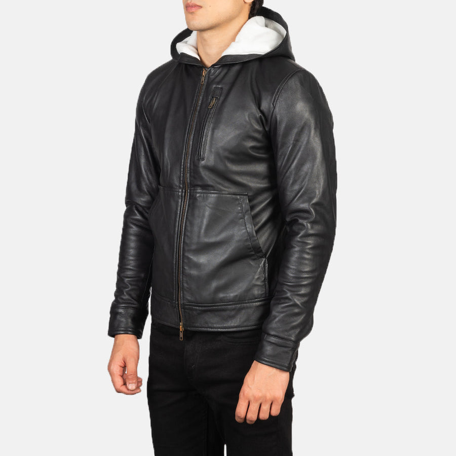 Men’s Hooded Sheepskin Leather Jacket with Fleece Lining
