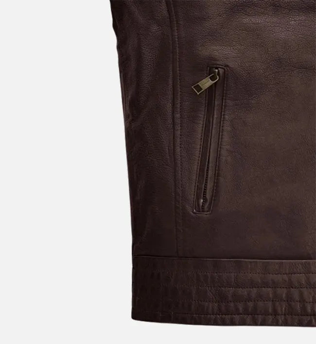 Men’s Sheepskin Leather Vest – Brown with Stand-Up Button Collar