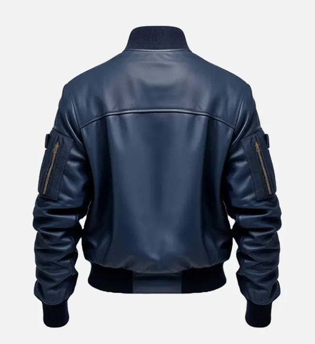 Men’s Blue Genuine Sheepskin Leather Bomber Jacket