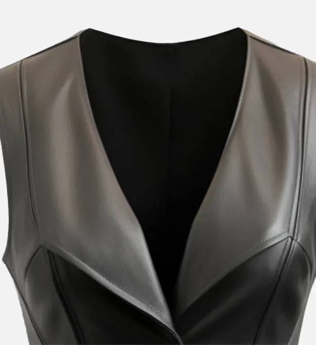 Women’s Black Sheepskin Leather Vest with Flared Bottom & Cut-Back Hemlines