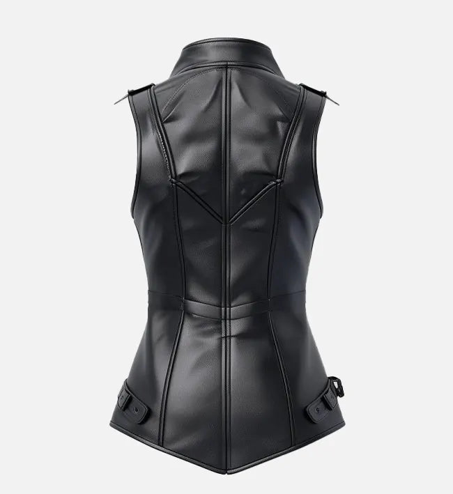 Women’s Black Sheepskin Leather Vest with Belted Waist & Shoulder Straps