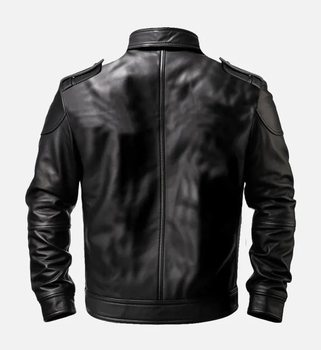 Men’s Black Sheepskin Leather Biker Jacket with Snap-Tab Collar