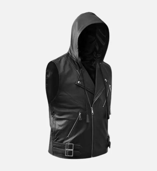 Men’s Black Sheepskin Leather Hooded Vest with Belted Waist