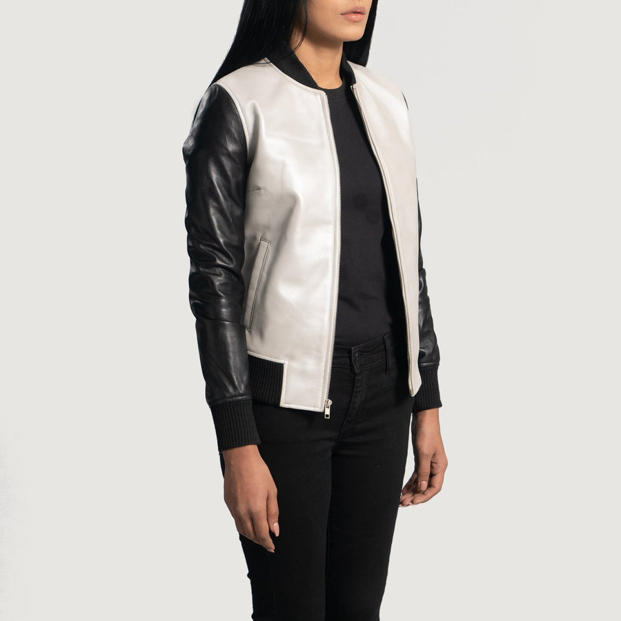 Women’s Sheepskin Leather Varsity Jacket – Silver & Black