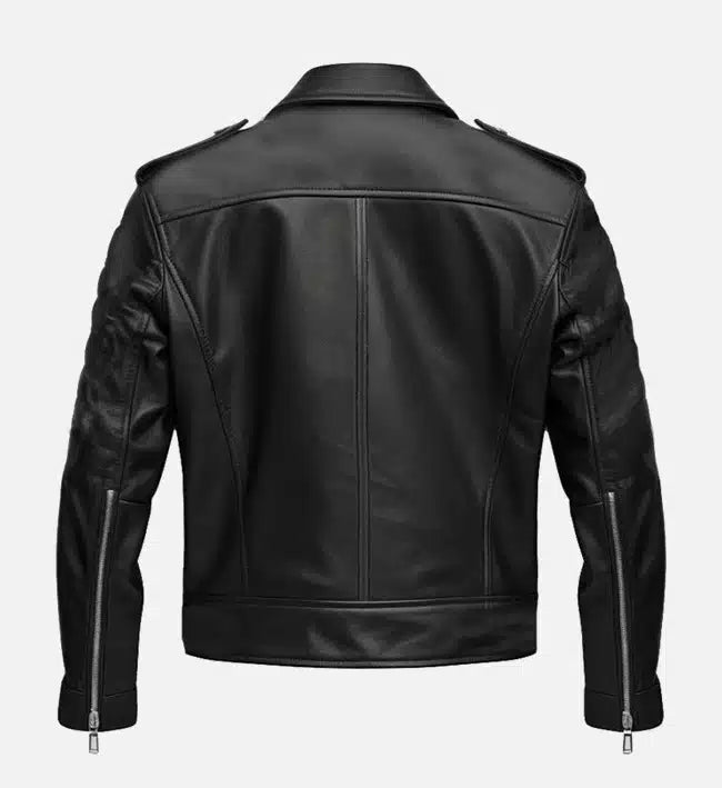 Genuine Sheepskin Leather Biker Jacket – Black with Wide Lapel Collar