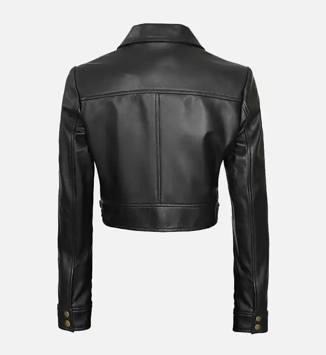 Women’s Black Sheepskin Leather Trucker Jacket – Cropped Style with Golden Buttons
