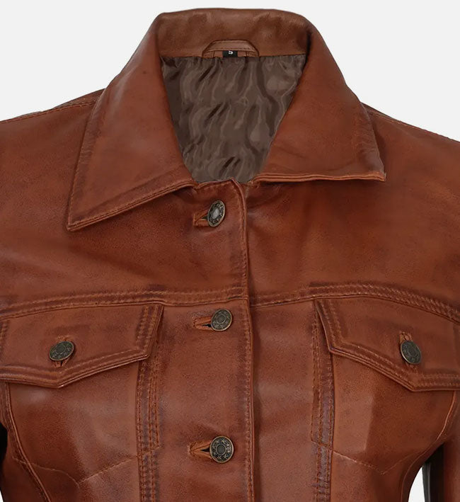 Women’s Sheepskin Leather Trucker Jacket – Brown, Black & Purple