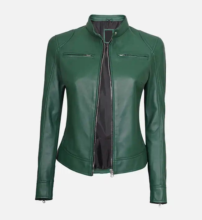 Women’s Sheepskin Dodge Green Café Racer Leather Jacket