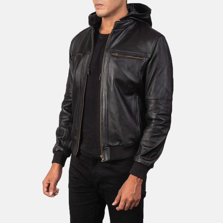 Men’s Hooded Cowhide Leather Jacket – Rib Knit Finish