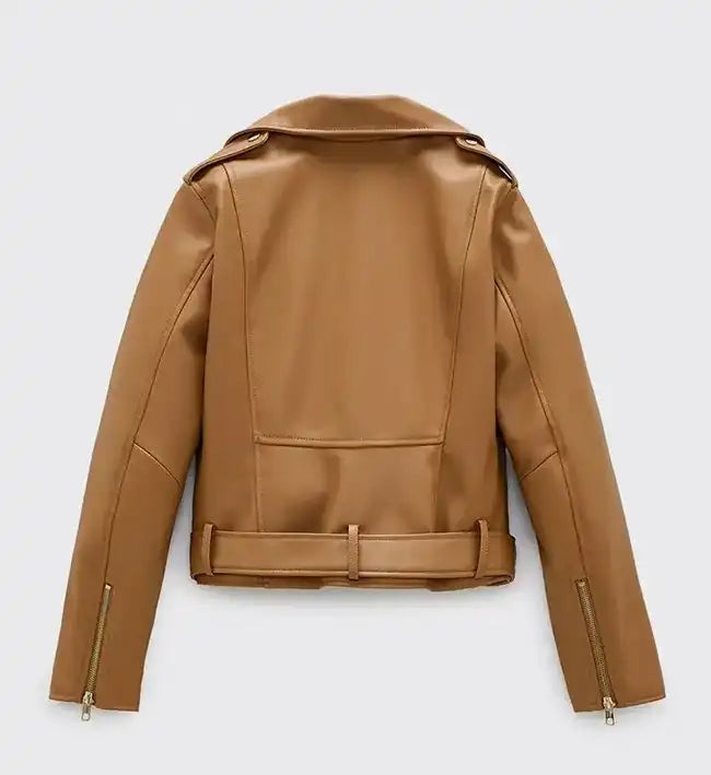 Women’s Sheepskin Leather Moto Jacket – Tan Brown with Asymmetrical Zipper