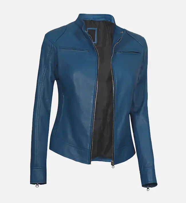 Women’s Signature Sheepskin Blue Café Racer Leather Jacket