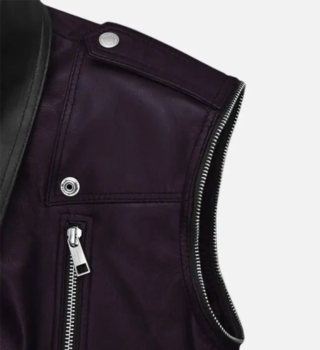 Men’s Sheepskin Leather Vest – Purple with Notched Lapel & Belted Waist