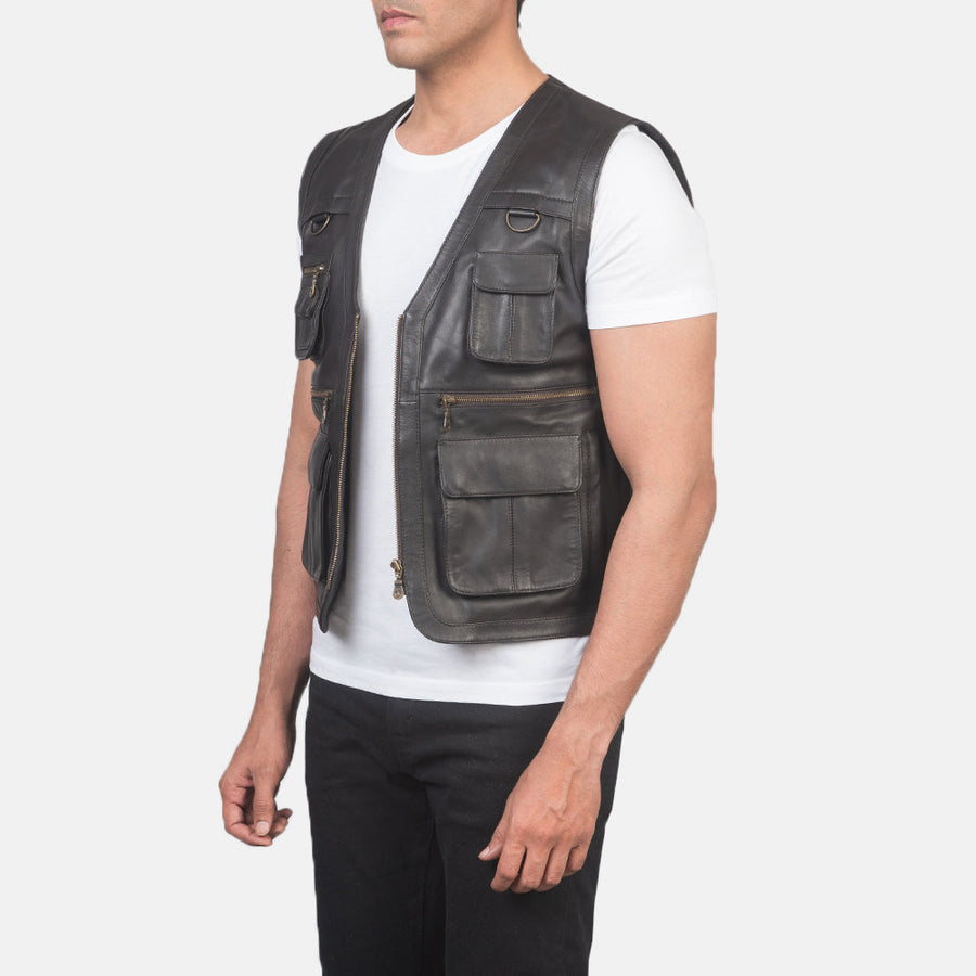 Men’s Brown Semi-Aniline Sheepskin Leather Vest with D-Rings