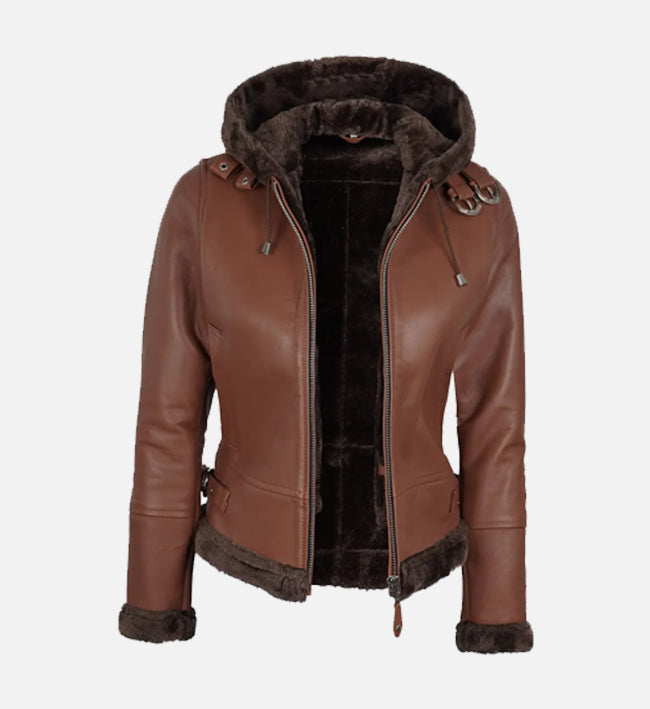 Women’s Brown Sheepskin Shearling Leather Jacket with Hood