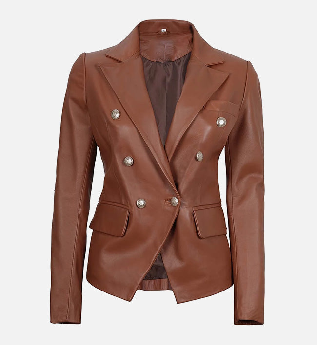Women’s Brown Double-Breasted Sheepskin Leather Blazer Jacket with Wide Lapel Collar