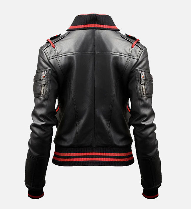 Women’s Sheepskin Leather Bomber Jacket – Black & Red with Ribbed Detailing
