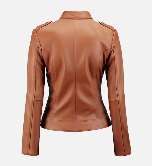 Women’s Sheepskin Leather Biker Jacket – Tan Brown with Notch-Lapel Collar